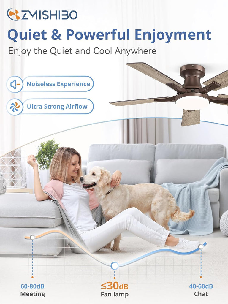 42 Inch Ceiling Fan with Light, App&Remote Control, Flush Mount Low Profile, Dimmable 20W LED Light, Quiet Reversible Motor for Bedroom, Living Room, Apartment, Brown