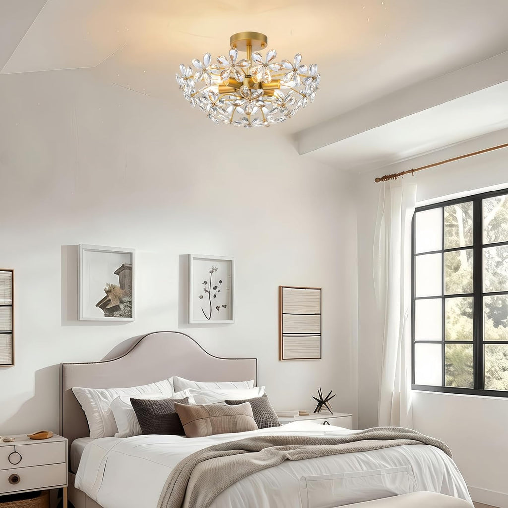 Bedroom Flower Ceiling Light, Brass Gold Flush Mount Chandelier, 17.7 Inch 6-Light Modern Crystal