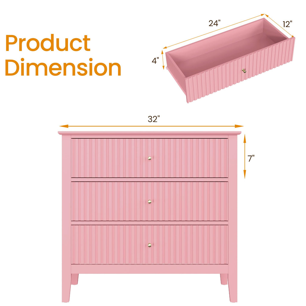 Fluted 3 Drawer Dresser Set of 2, Pink
