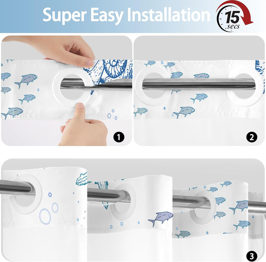 No Hook Shower Curtain and Liner Set , Blue Beach Coastal 71x74 | Nautical Ocean Design, with Snap in Liner