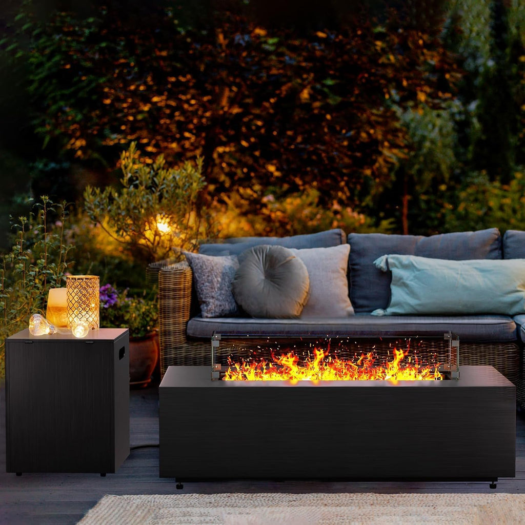 42in Fire Pit Table Propane Fire Pit 2 Piece Rectangular Gas Fire Pits 50,000 BTU with Wind Guard Propane Tank Cover Table