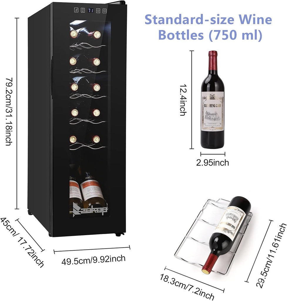 10''W Small Wine Fridge with Compressor, 12 Bottles Freestanding Wine Cooler Ref