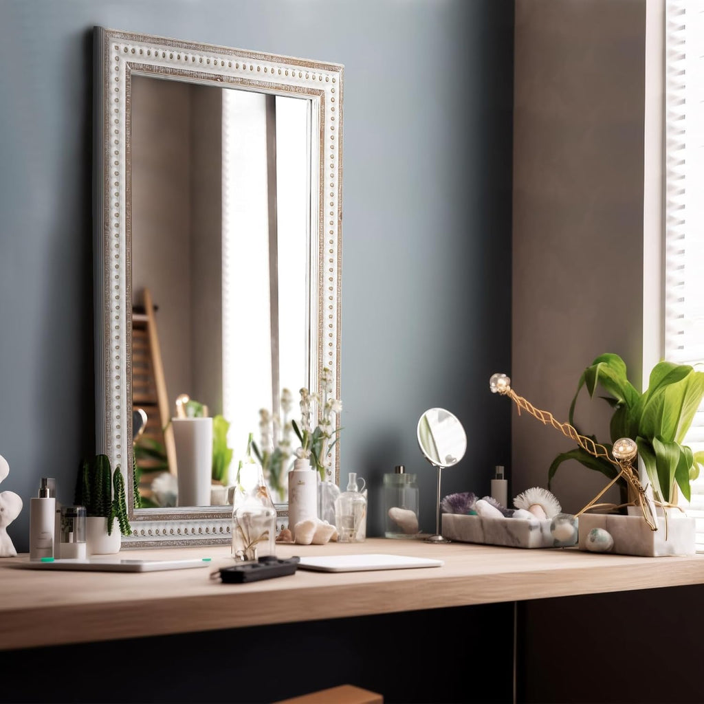 35x23 Inch Boho Wooden Rectangle Mirror , Rustic Farmhouse Decorative Wall Mirrors - Vertical or Horizontal Hanging