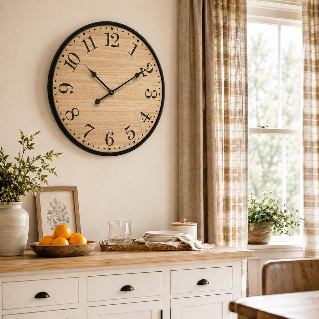 30 Inch Rustic Farmhouse Wall Clock, Large Silent Wooden Wall Clock with Natural Wood Grain Face & Black Metal Frame