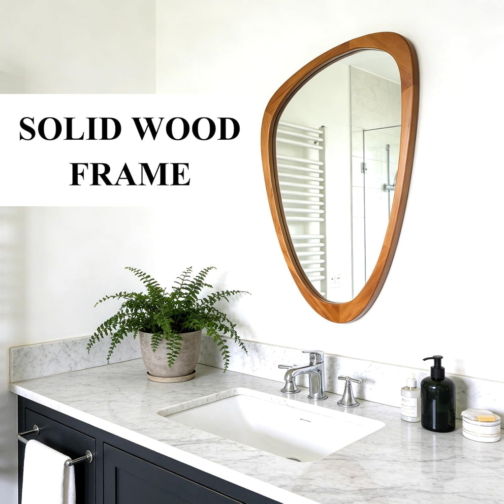 Irregular Wall Mirror Asymmetrical Bathroom Mirror, 19 x 30 Inch Wall Mounted Decorative Mirror with Wooden Frame