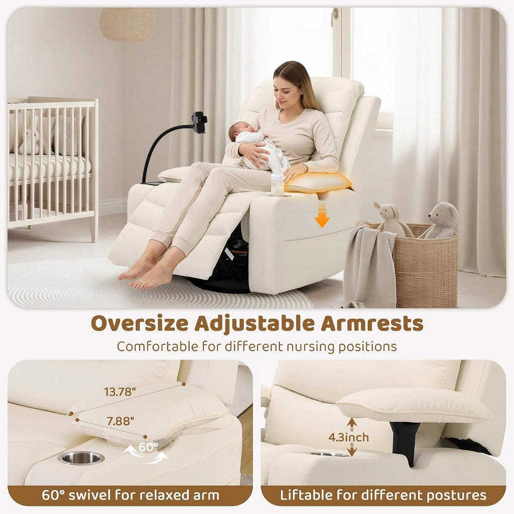 Power Glider Recliner Nursery Chair, Leather Swivel Rocking Chair, Beige | with Electric Lumbar Support, USB
