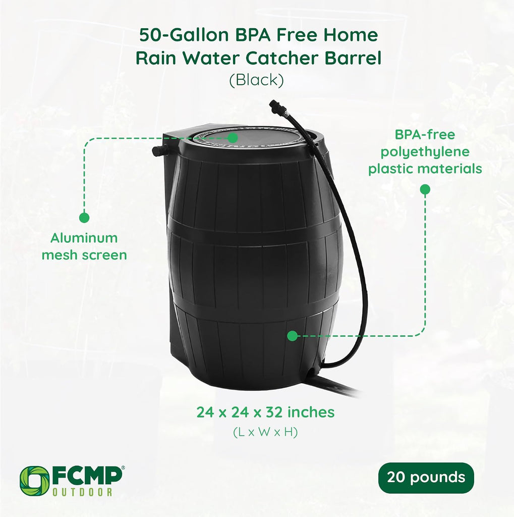Rain Barrel, Flat-Back Rainwater Catcher with Spigots, 50 Gallon, Black - Portable Water Storage Container Tank