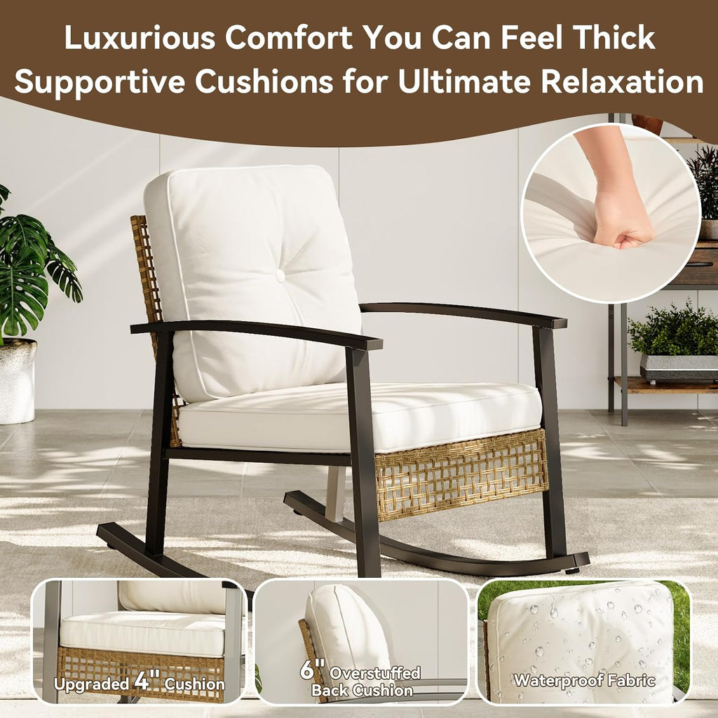 3-Piece Outdoor Rocking Bistro Set, Patio Furniture Set with Coffee Table and Thick Cushions, Wicker Rocking Chairs