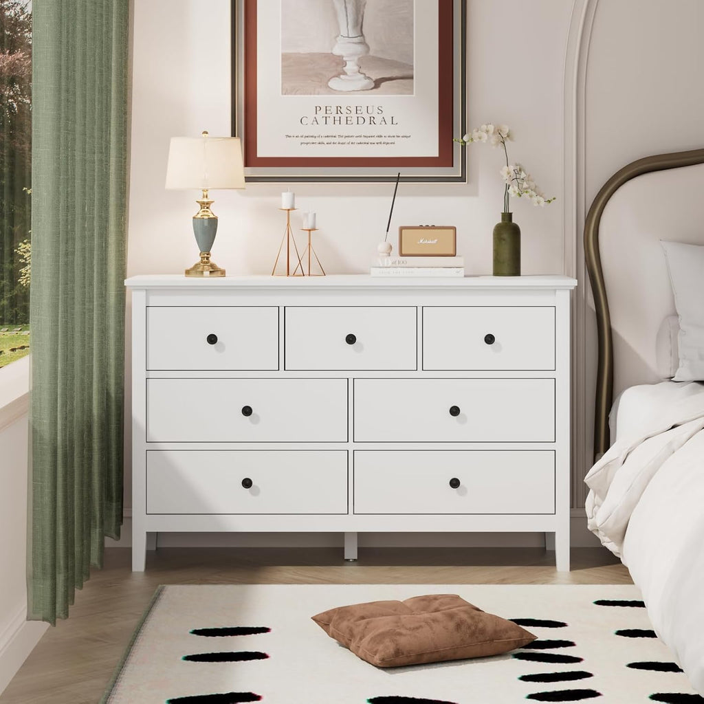 White Dresser , 7 Drawer Dresser with Wide Drawers and Metal Handles, Wood Dressers & Chests of Drawers for Hallyway