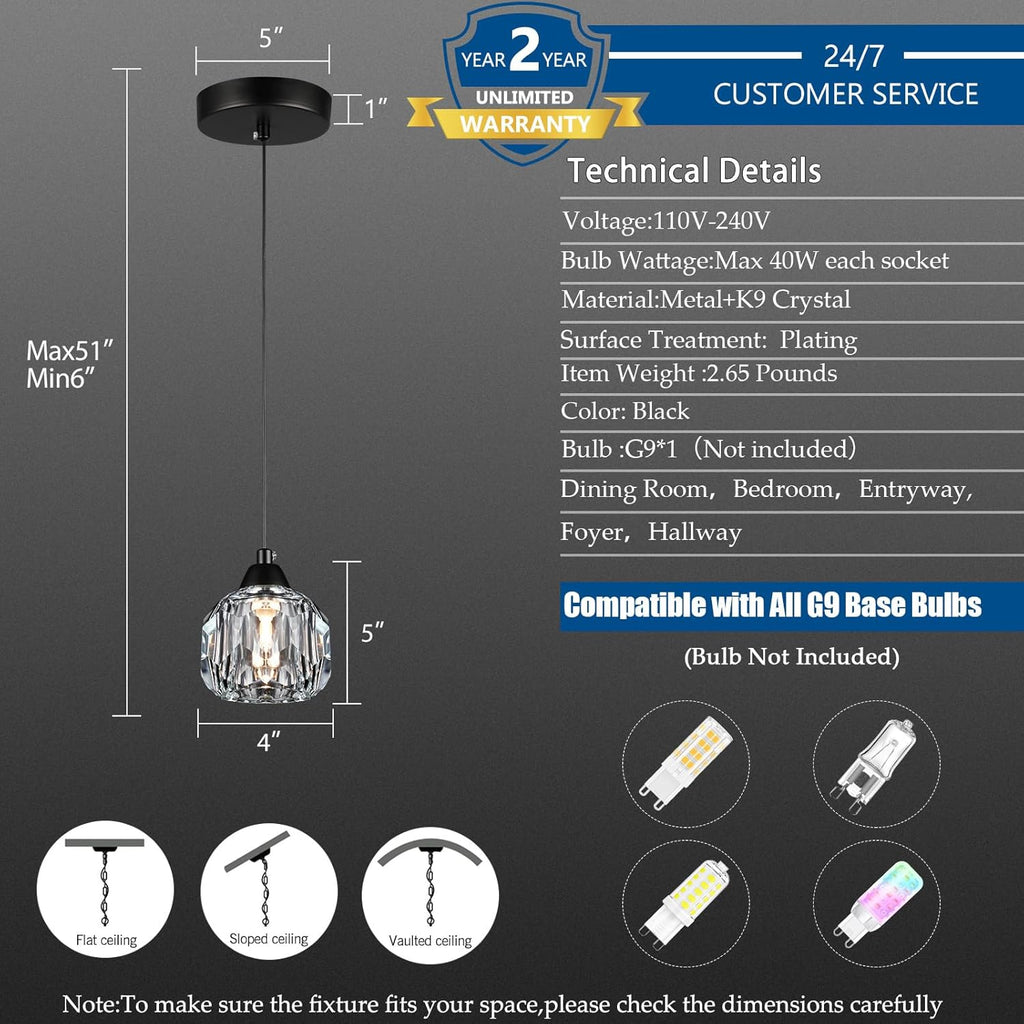 Crystal Chandeliers for Dining Room Lights Fixture Over Table, 1-Light Black Modern Pendant Light Fixture, Crystal Pendant Lighting for Kitchen Island Bathroom Bar