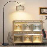 Arc Floor Lamps with 3 Color Temperatures, Black Standing Lamp with Remote & Dimmable LED Bulb, Rattan Boho Floor Lamp