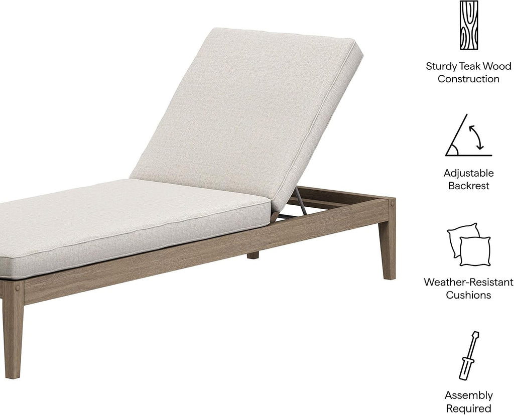 Teak Outdoor Chaise Lounge Chair in Weathered Gray Pebble - Adjustable Wood Poolside Recliner