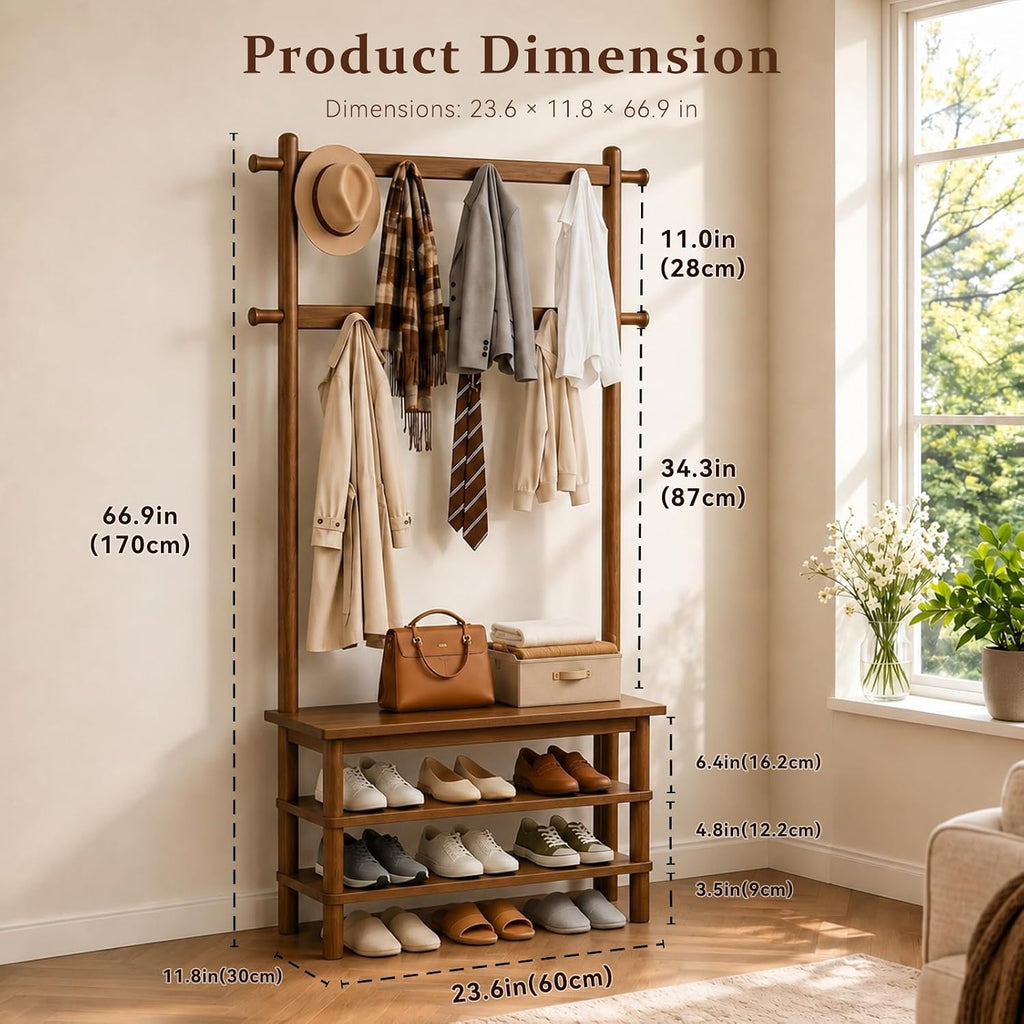 Hall Tree, 3-in-1 Entryway Bench with Coat Rack, 11 Hooks and 2-Tier Hall Tree with Shoe Storage Bench, Solid Wood