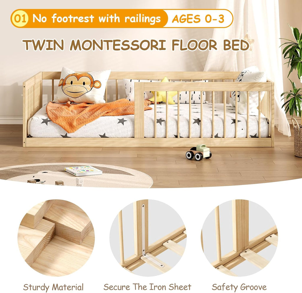 Montessori Toddler Bed, Variable Twin Floor Bed Frame with Removable Guardrails and Legs, Low Wooden Kids Bed with 10