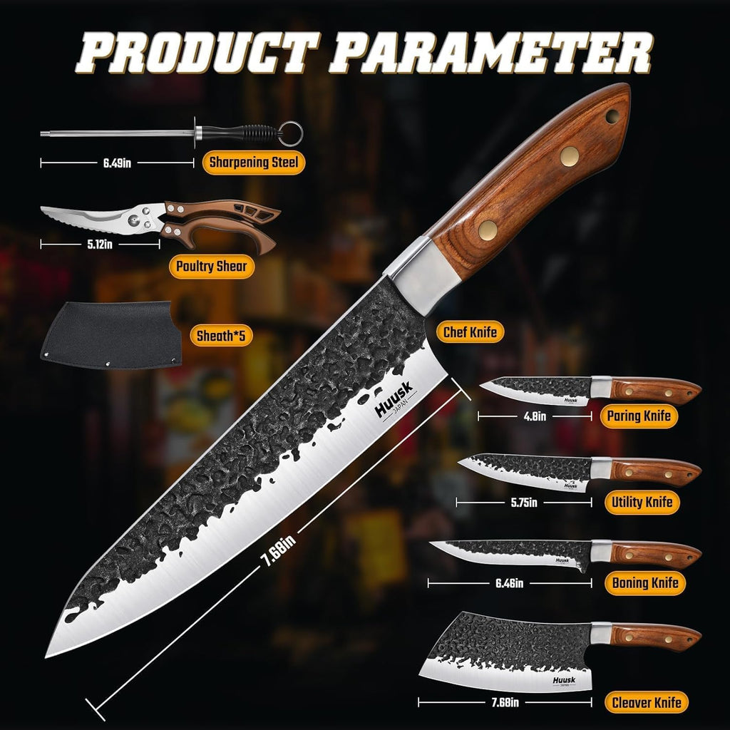 7 PCS Butcher Knife Set for Meat Cutting with Roll Bag, Gifts for Men | Japanese Chef Knife Set with Sharpening Rod