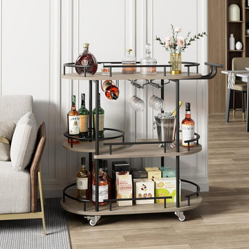 3-Tier Rolling Bar Cart with 360° Rotating Wine Storage Shelf, Mobile Home Bar Serving Cart with Wine Glass Holder &