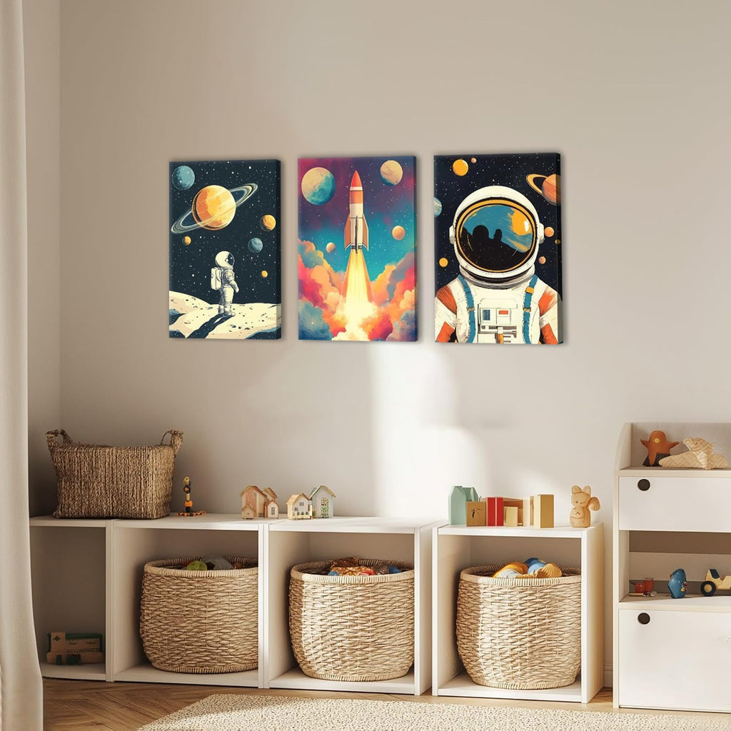 3 Pcs Space Canvas Wall Art Nursery Space Astronauts Kid Painting Pictures Wall Decor Explore Dream Galaxy Canvas