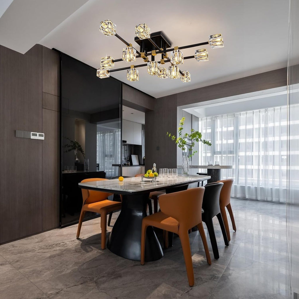 Crystal Ceiling Light Fixture with 13-Lights,Black and Gold Semi Flush Mount Ceiling Light,Modern Chandelier