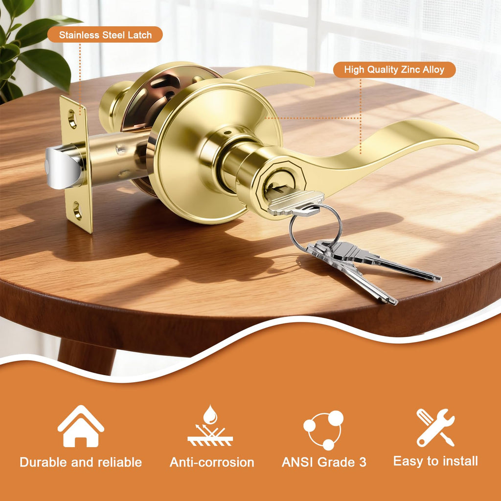 Door Handles Exterior Door Lock Set, Brass Gold Front Door Handle, Entry Door Lever Keyed Alike, 6 Pack
