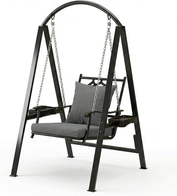Porch Swing with Stand, 350lbs Heavy-Duty Metal Frame Outdoor Swing for Adults with Dual Side Trays, Adjustable