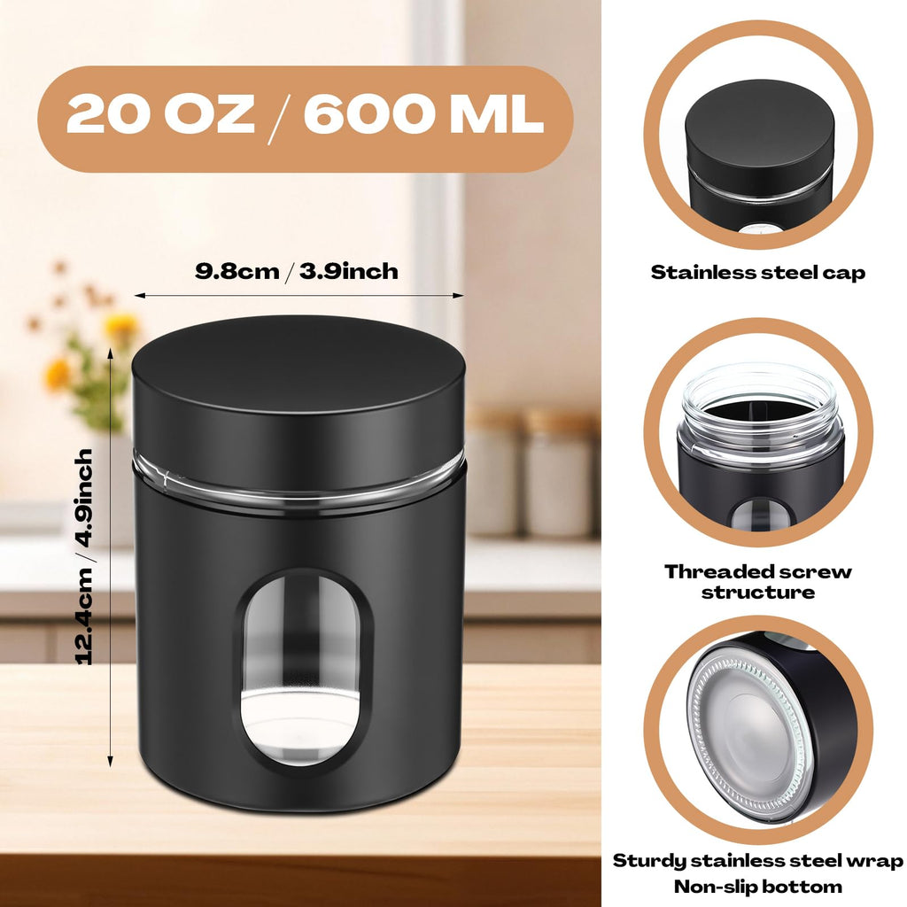 6 Pack Airtight Stainless Steel Kitchen Canisters, Black, 20 oz