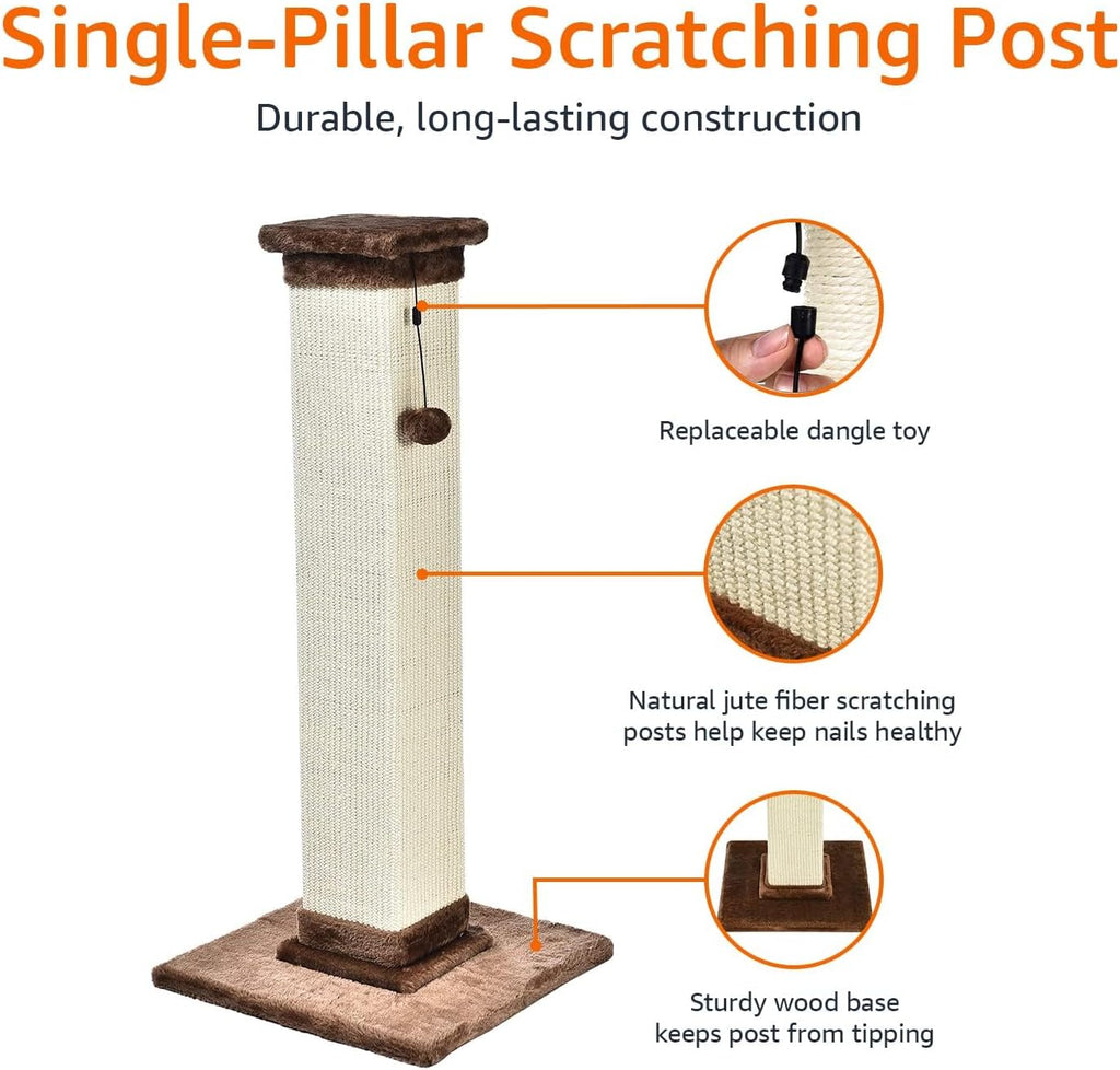 Sturdy Cat Scratching Post for Indoor Cats & Kittens, Classic Single Post with Sisal Rope, Jute Fiber, Wood Base