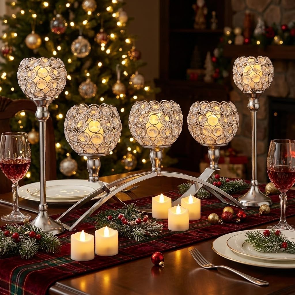 Silver Crystal Candle Holders, Decorative Arch Candelabra Centerpieces for Tables, 3-Arm Candlesticks Holder and 2