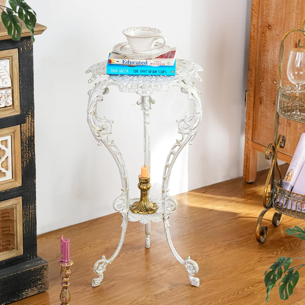 Vintage Cast Iron Plant Stand - 2 layer 27.5 Inches Tall White