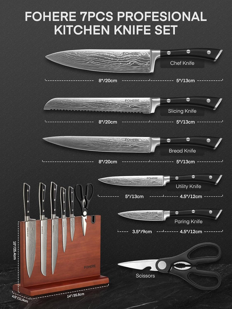 Kitchen Knife Set, Knives Set with Magnetic Knife Holder and Sharpener, 7 Pieces Sharp Chef Knife Set with Ergonomic