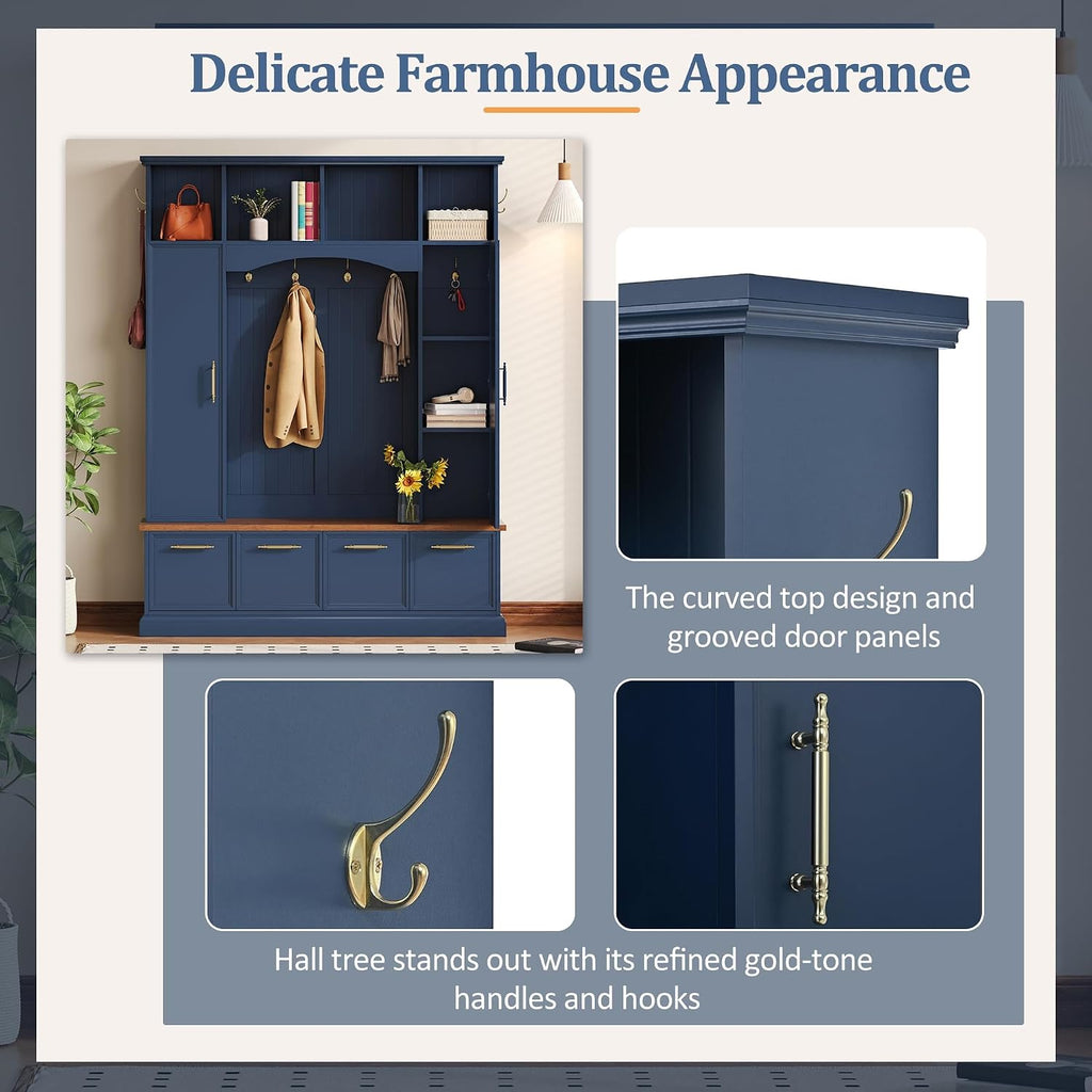 59" Farmhouse Hall Tree with Golden Hooks & Walnut Bench, Entryway Organizer with Adjustable Shelves, Shoe Storage