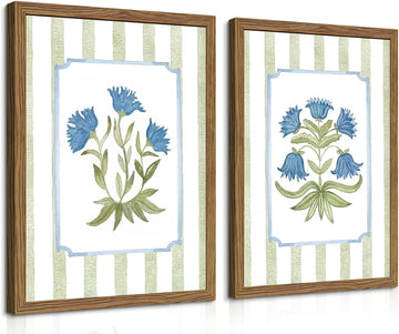 Framed Floral Wall Art Set of 2, Vintage Blue Flower Botanical Canvas Wall Decor Paintings, Cottagecore Stripe