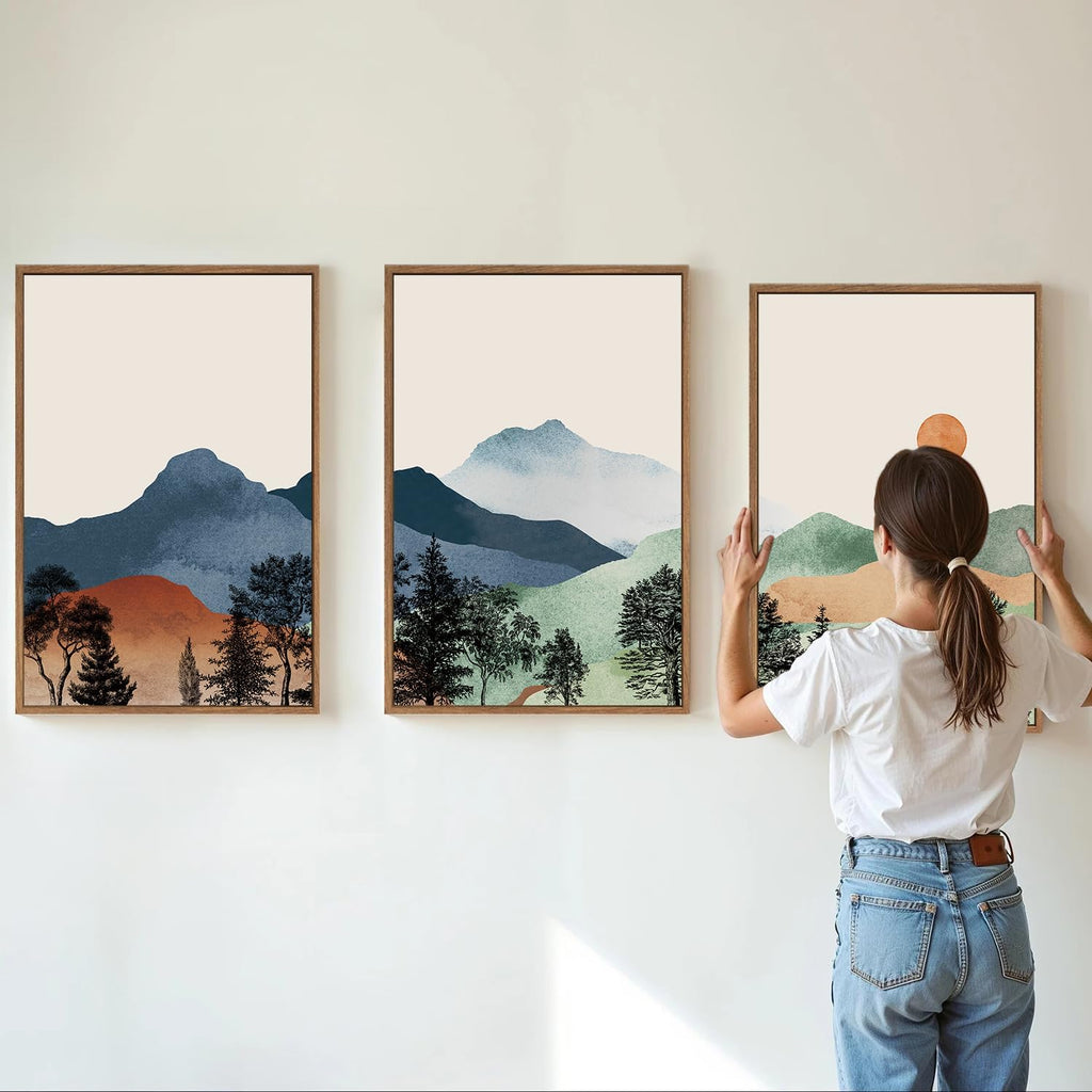 Boho Mountain Framed Canvas Wall Art Set of 3, Watercolor Nature Landscape Art Prints, Modern Sunrise Art Paintings