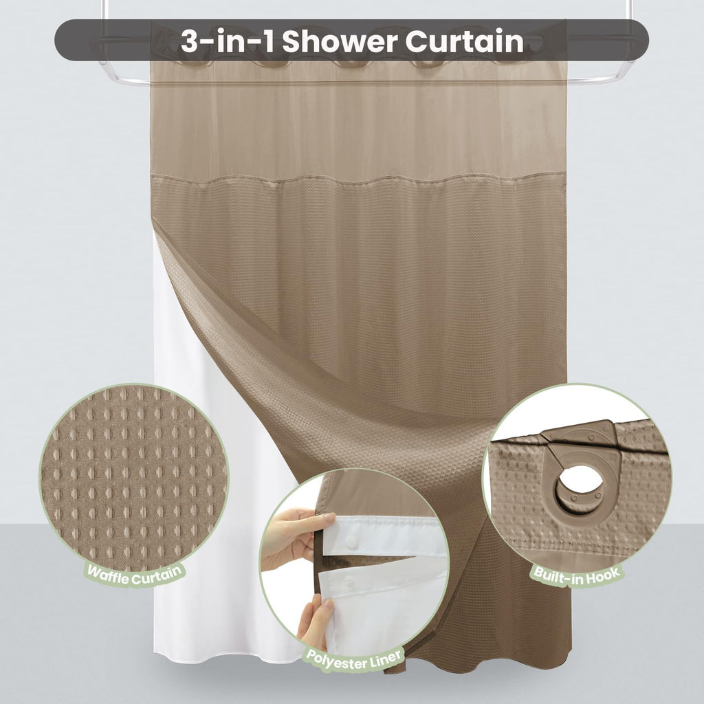 No Hook Shower Curtain with Snap-in Fabric Liner, Waffle Weave 230 GSM Polyester, Weighted Hem, Water Repellent