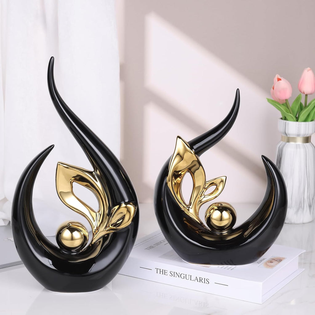 13" H Black Gold Abstract Sculptures Home Decor, Ceramic Art Statue Cool Stuff to Put on Shelves&tv Stand Decor, Gold