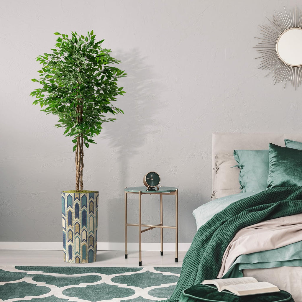 Artificial Tree in Modern Polygon Pattern Effect Planter, Fake Ficus Silk Tree for Indoor and Outdoor Home Decoration