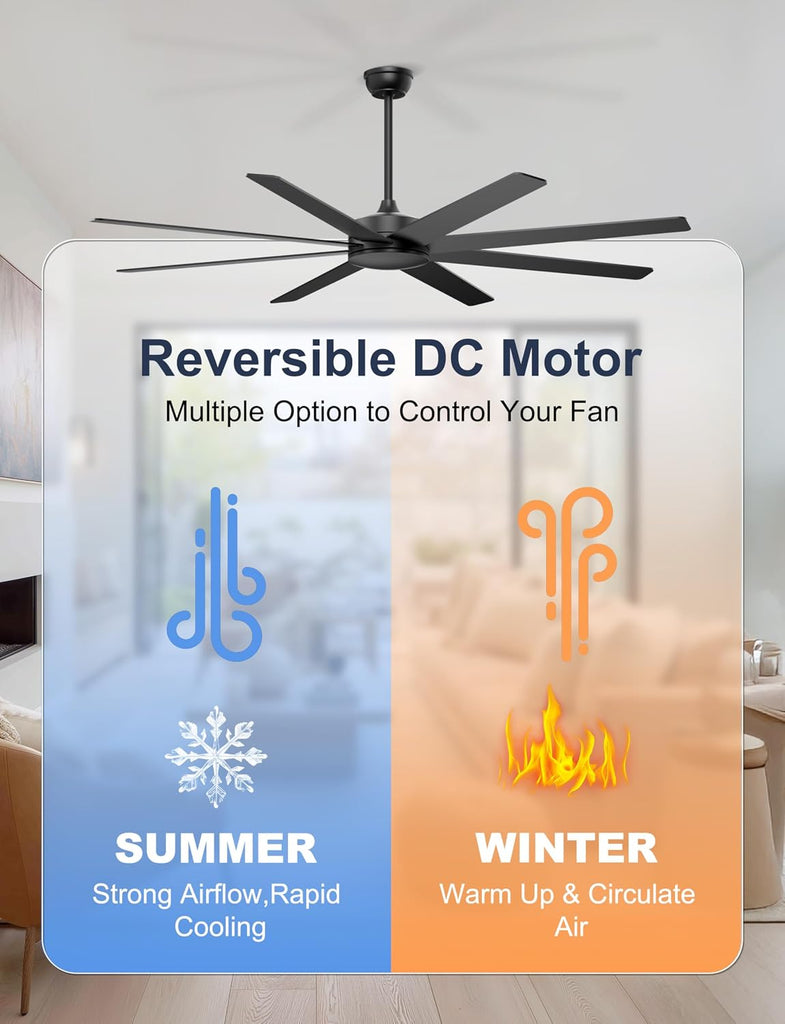 72'' Large Ceiling Fans No Lights, Modern Black Ceiling Fan Remote/APP Control