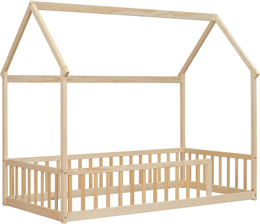 Twin Size Kids Bed Frame with Rails, Twin Montessori beds for Kids, House Bed for Boys Girls, Natural