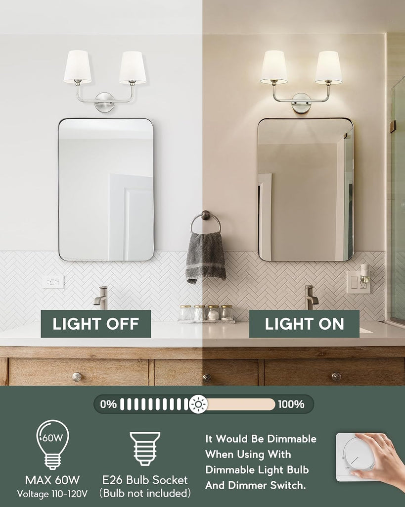 2-Light Brushed Nickel Bathroom Vanity Light, White Fabric Shades | 17" double wall sconce, upward only, E26 base