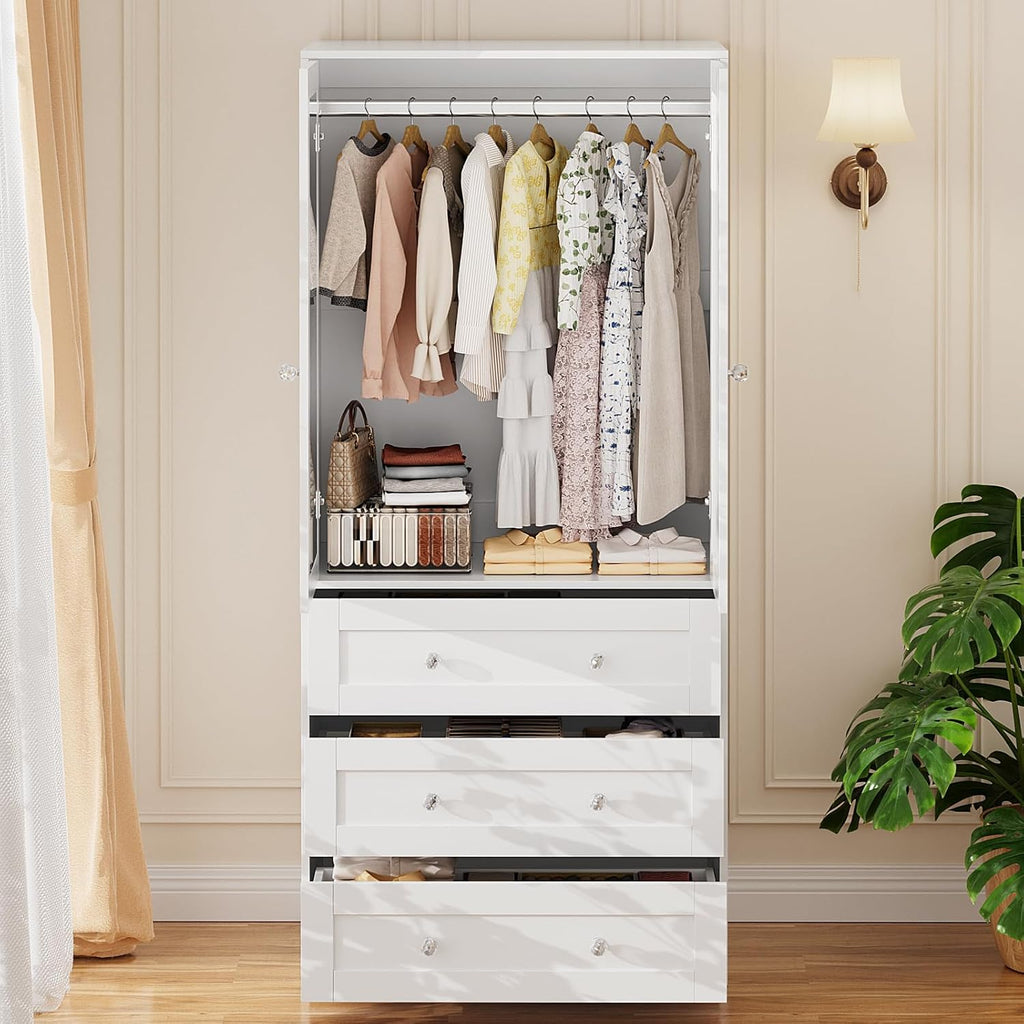 71" Tall Armoire Wardrobe Closet with Drawers and Mirror | Clothing Storage Cabinet with Hanging Rod, 2 Doors Wooden