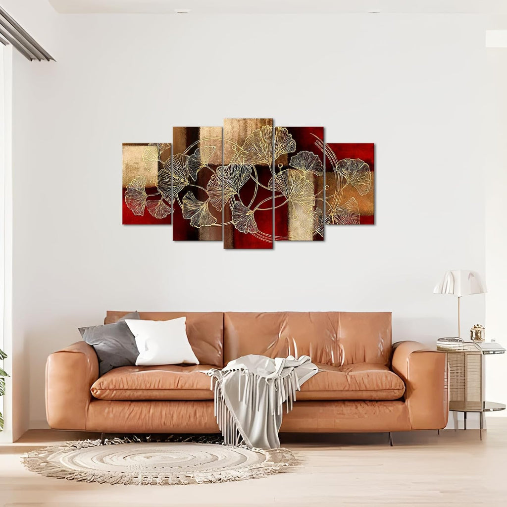 Large 5 Piece Abstract Canvas Wall Art Gold Ginkgo Leaf Paintings Prints Modern Burgundy and Brown Home Living Room