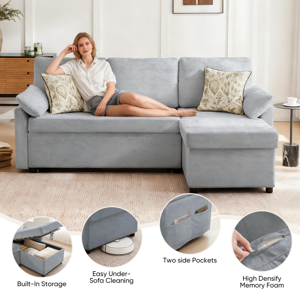 85" L Shaped Sectional Sofa Couch, Pull Out Couch Sleeper Sofa Bed, Soft Chenille Deep Seat Sofa, Reversible Chaise