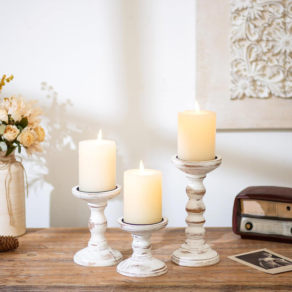 Wood Candle Holders for Pillar Candles - Set of 3 Tall Farmhouse Wooden Candlestick Holder, Rustic Candle Stand for