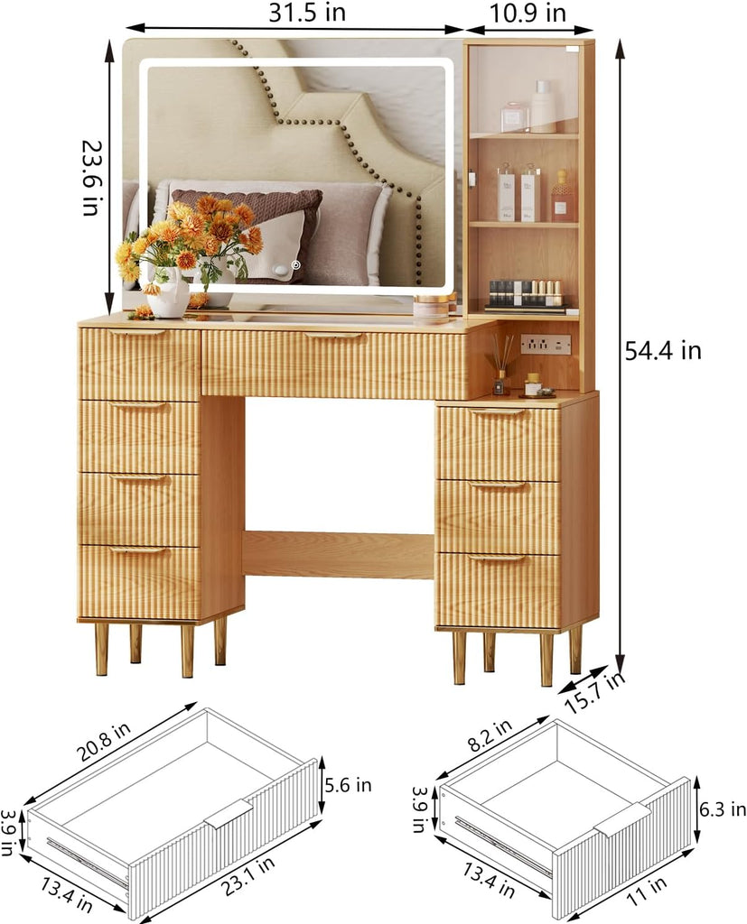 Modern Vanity Desk with 31.5" Mirror and Lights,Makeup Vanity Table with 8 Drawers,Makeup Desk with Power