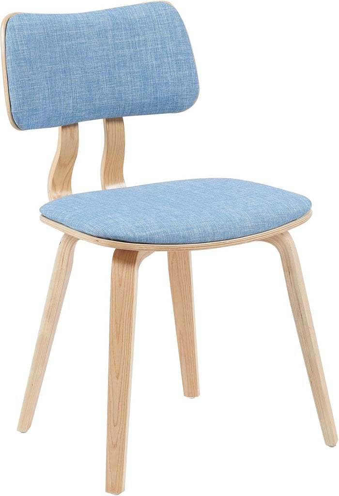 Mid-Century Dining Chair with Light Blue Fabric Upholstered Seat and Patterned Oak Wood Finish