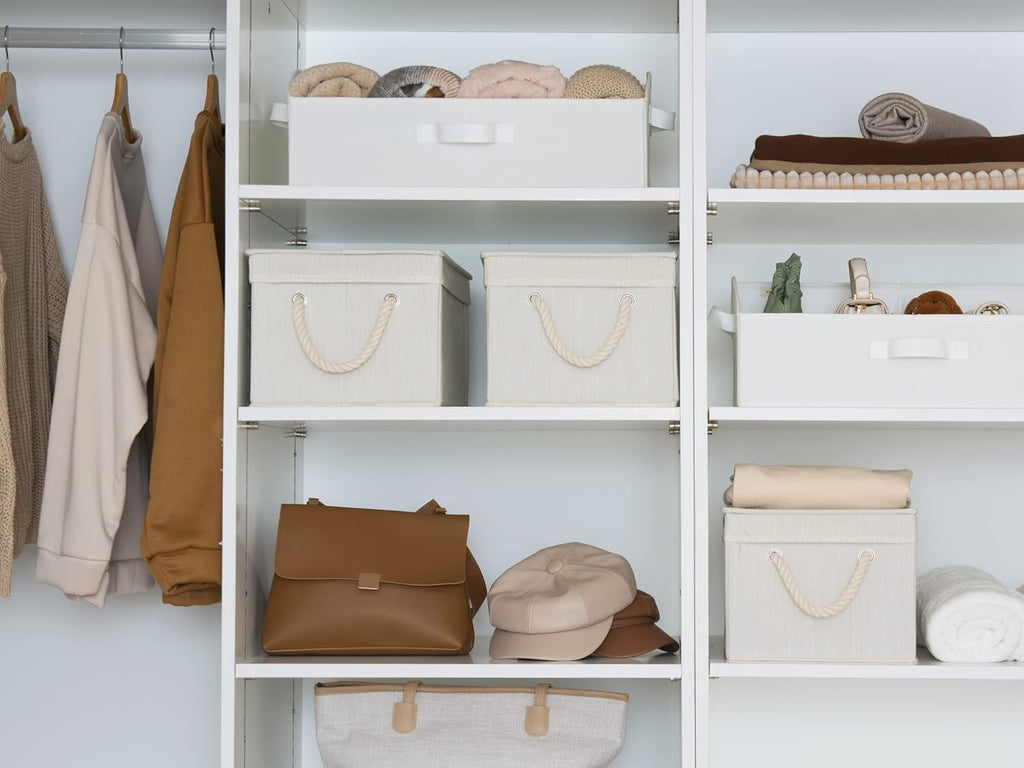 Storage Bins with Lids, Decorative Storage Boxes with Soft Rope Handles, Foldable Stackable Storage Baskets for