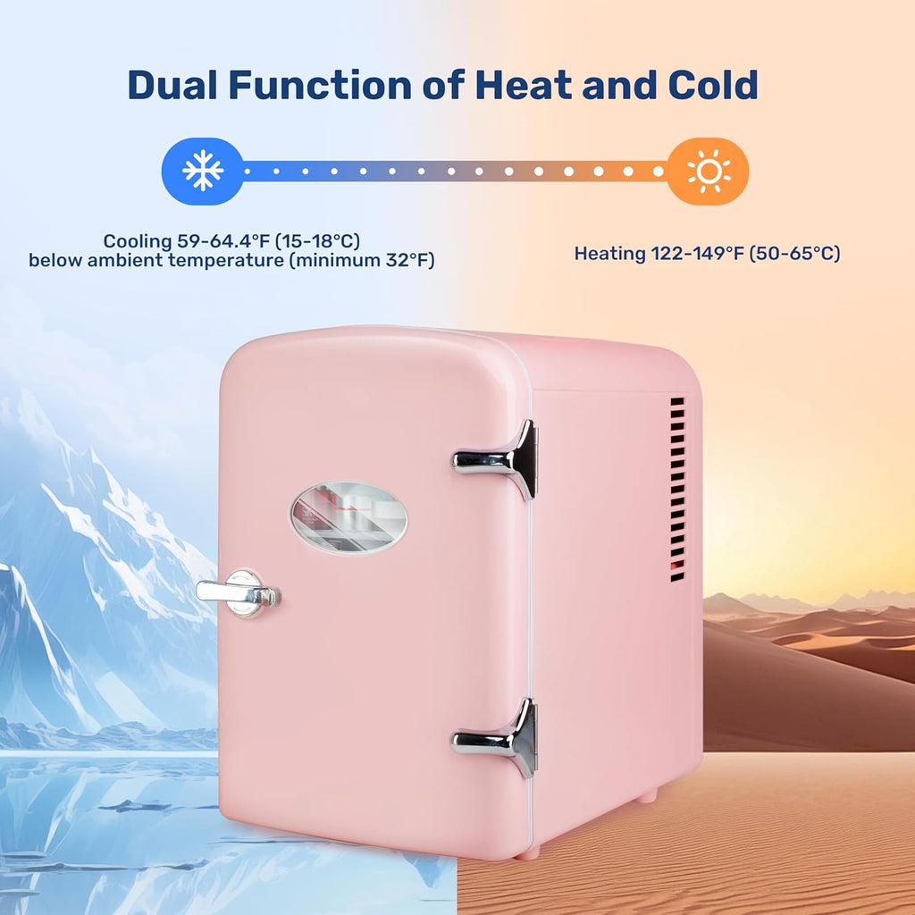 Mini Fridge with Observation Window 4-Liter Six 12 oz Cans Portable Warmer & Cooler Compact Refrigerator, 100% Eco