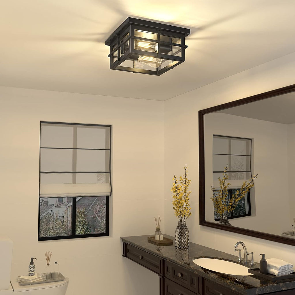 Modern Outdoor Ceiling Light Fixtures, 2-Light Black Flush Mount Light Fixtures with Clear Glass Shade
