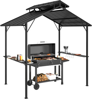 8' x 5' Hardtop Grill Gazebo, Outdoor BBQ Gazebo with Double Metal Roof, 2 Side Shelves and 10 Hooks
