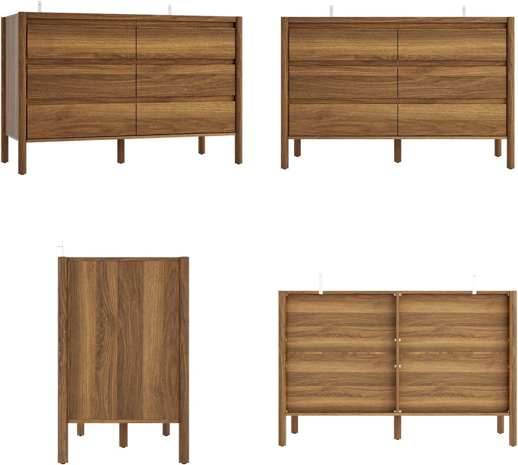 47.2" W 6-Drawer Dresser with Solid Wood Legs, Mid Century Modern Closet Chest of Drawers with no Handles Design