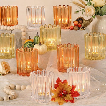 12PCS Votive Candle Holder, Orange Ribbed Votive Tealight Candle Holders